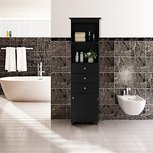 Tall Freestanding Storage Organizer Linen Tower, Vanity, Bathroom Cabinet with 2 Open Shelves, 3 Drawers, and a Closet, Black