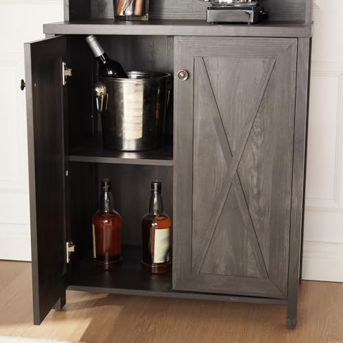 Sideboards Buffets Coffee Bar Cabinet Kitchen Pantry Cupboard Storage Serving Cabinet with Microwave Stand, Home Source Bar Cabinet and Hollow out Barn Design Wood Cabinet, Grey