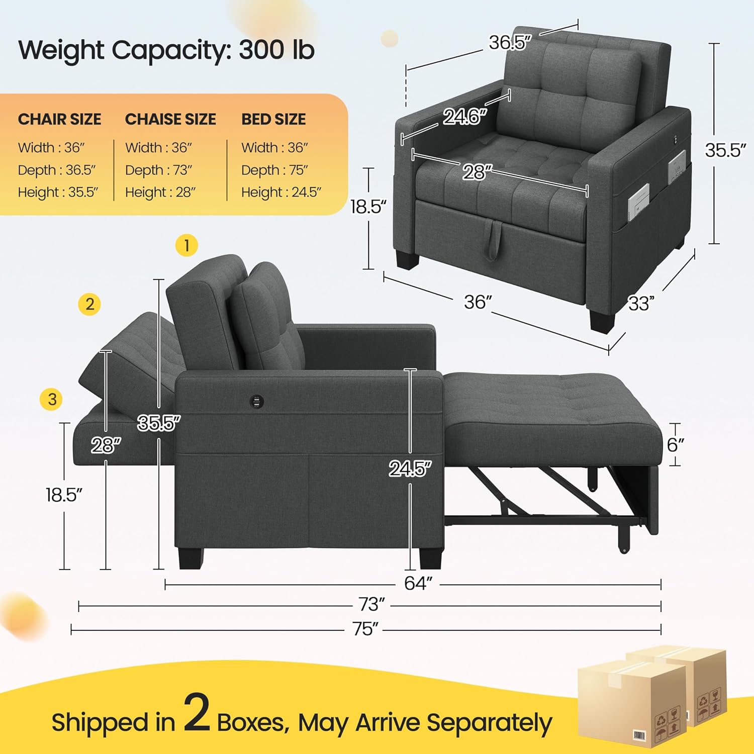 Yaheetech Convertible Chair Bed Fabric Futon Sofa Chair 3-in-1 Sleeper Chair Adjustable Armchair Sleeper with 2 USB Ports for Living Room Limited Space Office Apartment, Dark Gray