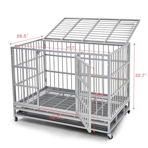 48 Inch Heavy Duty Indestructible Dog Crate Steel Escape Proof, Indoor Double Door High Anxiety Cage, Kennel with Wheels, Removable Tray, Extra Large XL XXL