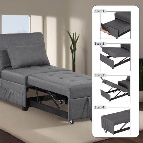 Convertible Sofa Bed, 4-in-1 Sleeper Chair Bed Adjustable Recliner Sofa, Pull Out Folding Lounger Sleeper Couch Bed with Pillow for Living Room, Bedroom and Small Space (Dark Gray)