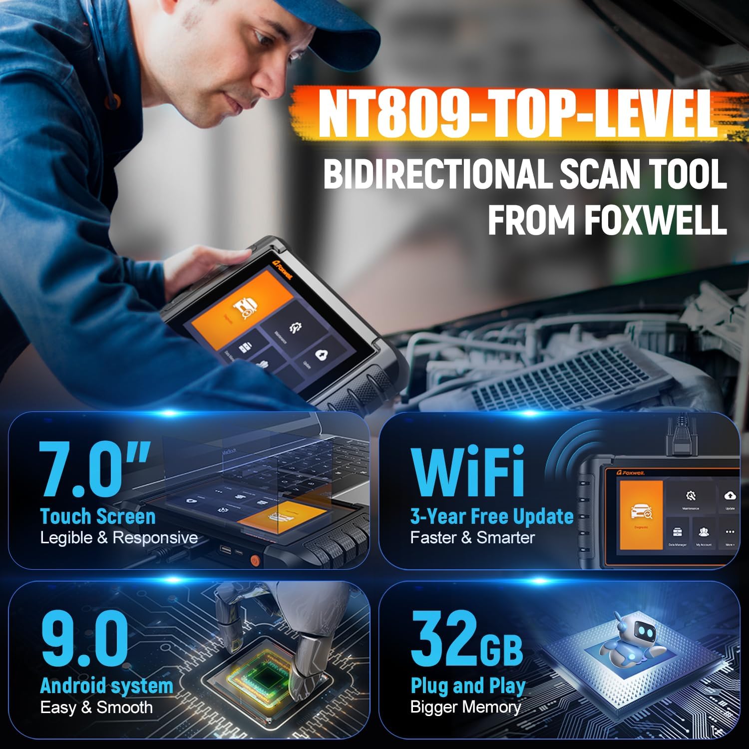 2024 FOXWELL Scanner NT809 Bidirectional Scan Tool, OBD2 Scanner for Car with 30+ Services, Active Test, ABS/Oil/Injector Coding, 3 Year Update, All System Car Diagnostic Scanner, FCA Autoauth