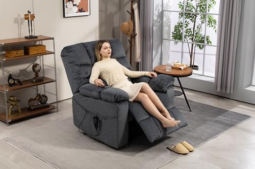 Light Grey Recliner Chair for Elderly | Tall and Big Man 400lbs | Chenille | Power Lift, Lay Flat, Stand Up, Wireless Charging Device, Extended Footrest, Massage Heat, Cup Holder, Lumbar Pillow