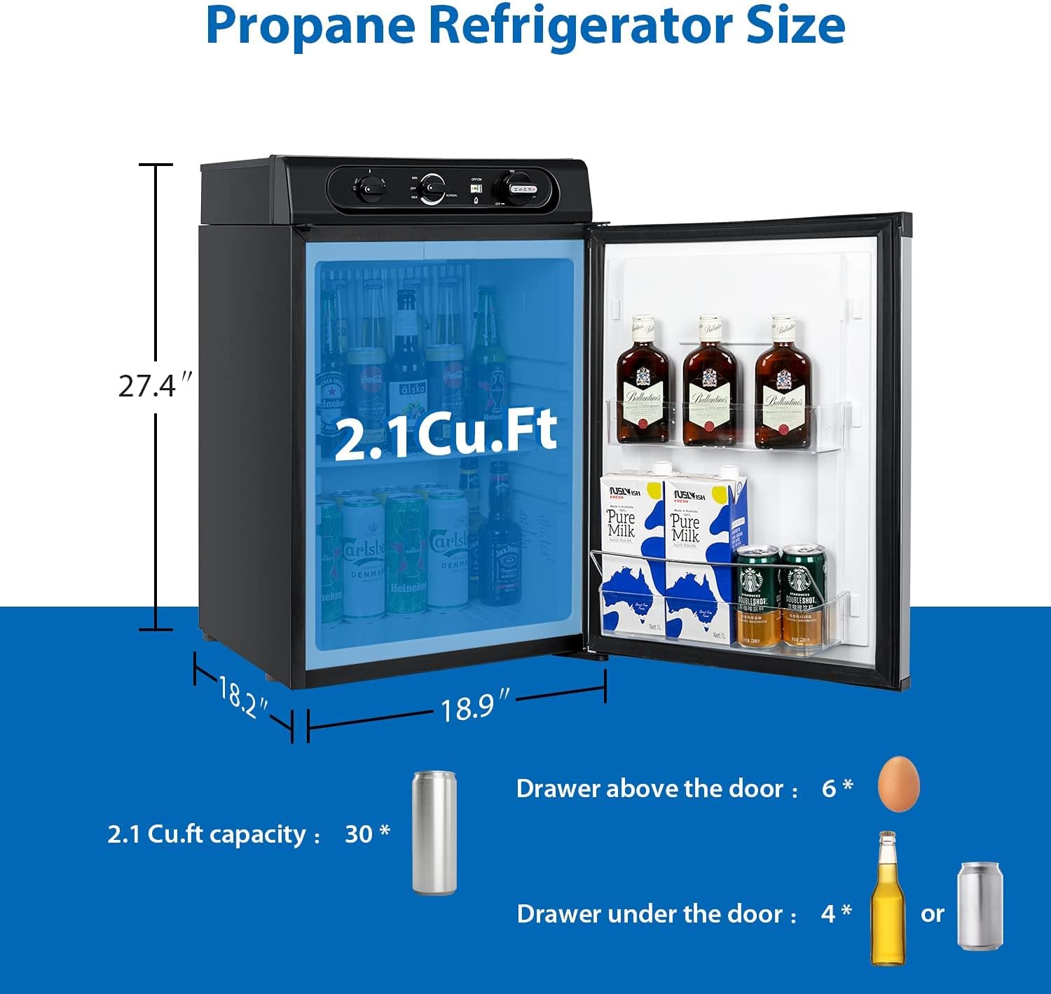 Propane Refrigerator 3 Way Camper Gas Fridge 120V 12V LPG 2.1 Cu.Ft RV Refrigerator for Outdoor Caravan Motorhome Off-Grid Cabin Boat Apartment Office Kitchen, Black