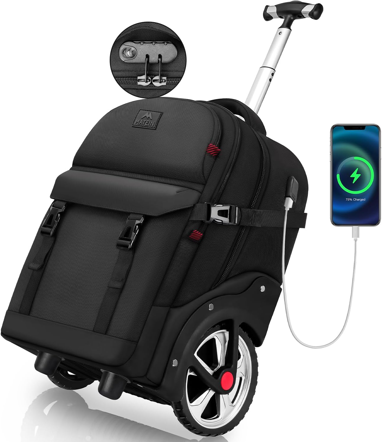 MATEIN Rolling Backpack for Adults with Wheels, 17 Inch Large Wheeled Backpack with USB Charging Port & Combination Lock, Water Resistant Anti Theft Travel Laptop Backpack for Men Work Business, Black