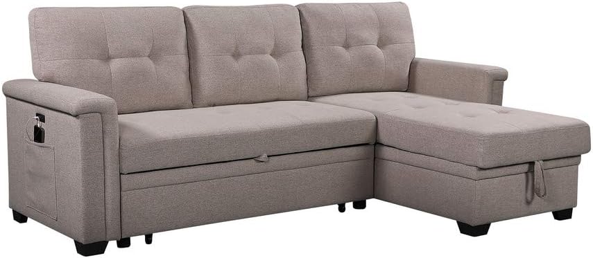 Sectional Sleeper Sofa with Storage Chaise and Pull Out Bed, Linen Tufted Upholstered Convertible Corner Couch for Living Room, Home Furniture, Apartment, 84", Light Gray-1