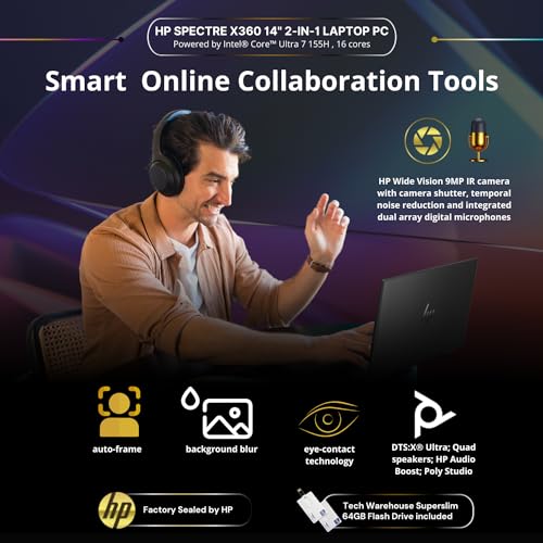 HP Spectre 14T x360 2-in-1 Laptop Intel i7-1355U 10 Cores,Win 11 Pro,13.5" 3:2 Touch,16GB RAM,512GB SSD,B&O Speakers, FPR, Tilt Pen,Nightfall, 64GB Tech Warehouse Flashdrive