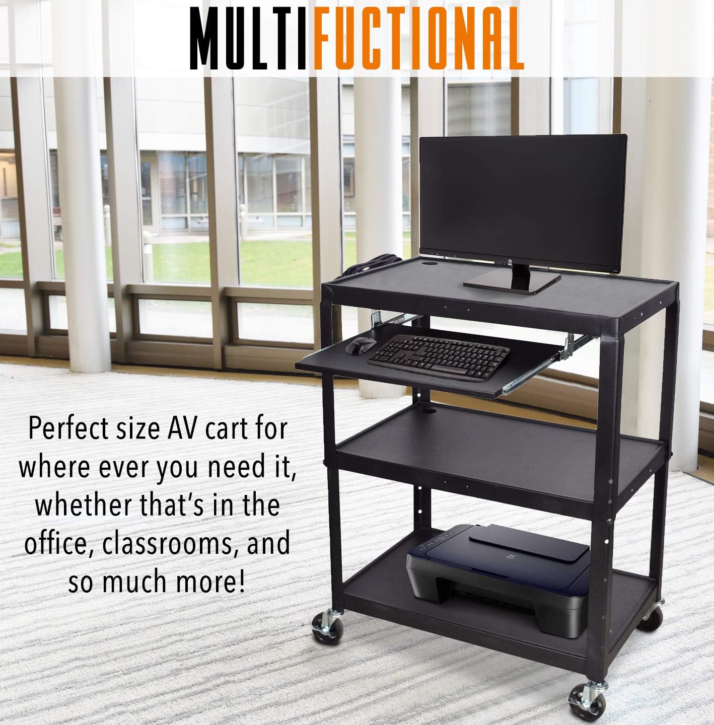 Line Leader Large AV Cart with Retractable Keyboard Tray | Height Adjustable Utility Cart | Includes Pullout Keyboard Tray & Cord Management | Easy Assembly (34in x 18in x 42in / Black)