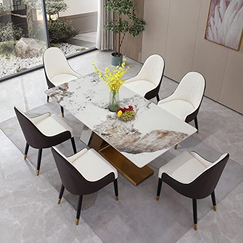 Sintered Stone Dining Table for 6-8, Modern Rectangular Kitchen Table with Z-Shaped Gold Stainless Steel Base, Luxury Pandora Brown+White Dining Room Table Noble Hotel Dining Table