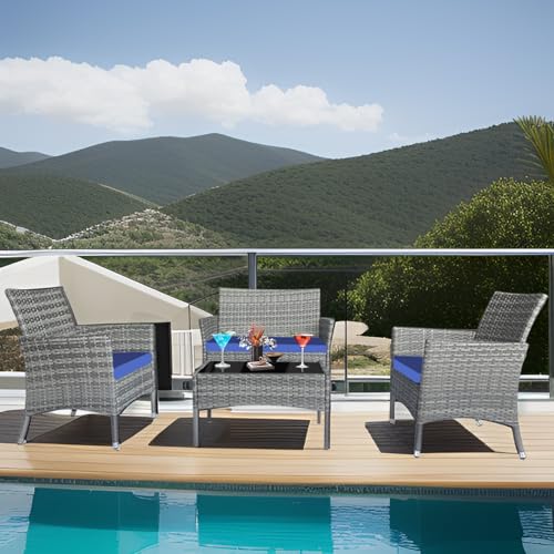 4 piece patio furniture set, Rattan Patio Furniture，Outdoor Wicker Conversation Set with Thick Cushion for Garden, Yard, Porch，Lawn Balcony or Backyard (Dark Coffee Rattan Beige Cushion)