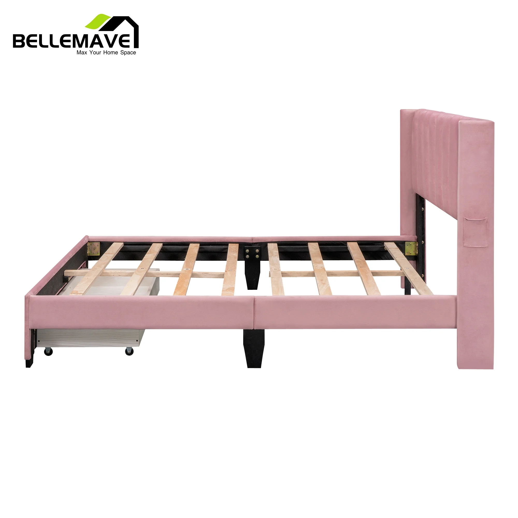 Bellemave Queen Size Pink Velvet Upholstered Wood Platform Bed with a Big Drawer and Soft Headboard