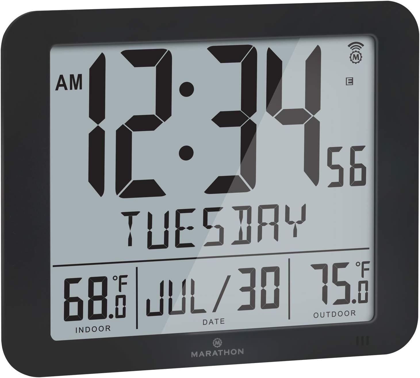 MARATHON Slim Atomic Wall Clock with Indoor/Outdoor Temperature, Full Calendar and Large Display - Batteries Included - CL030027-FD (Graphite Grey)