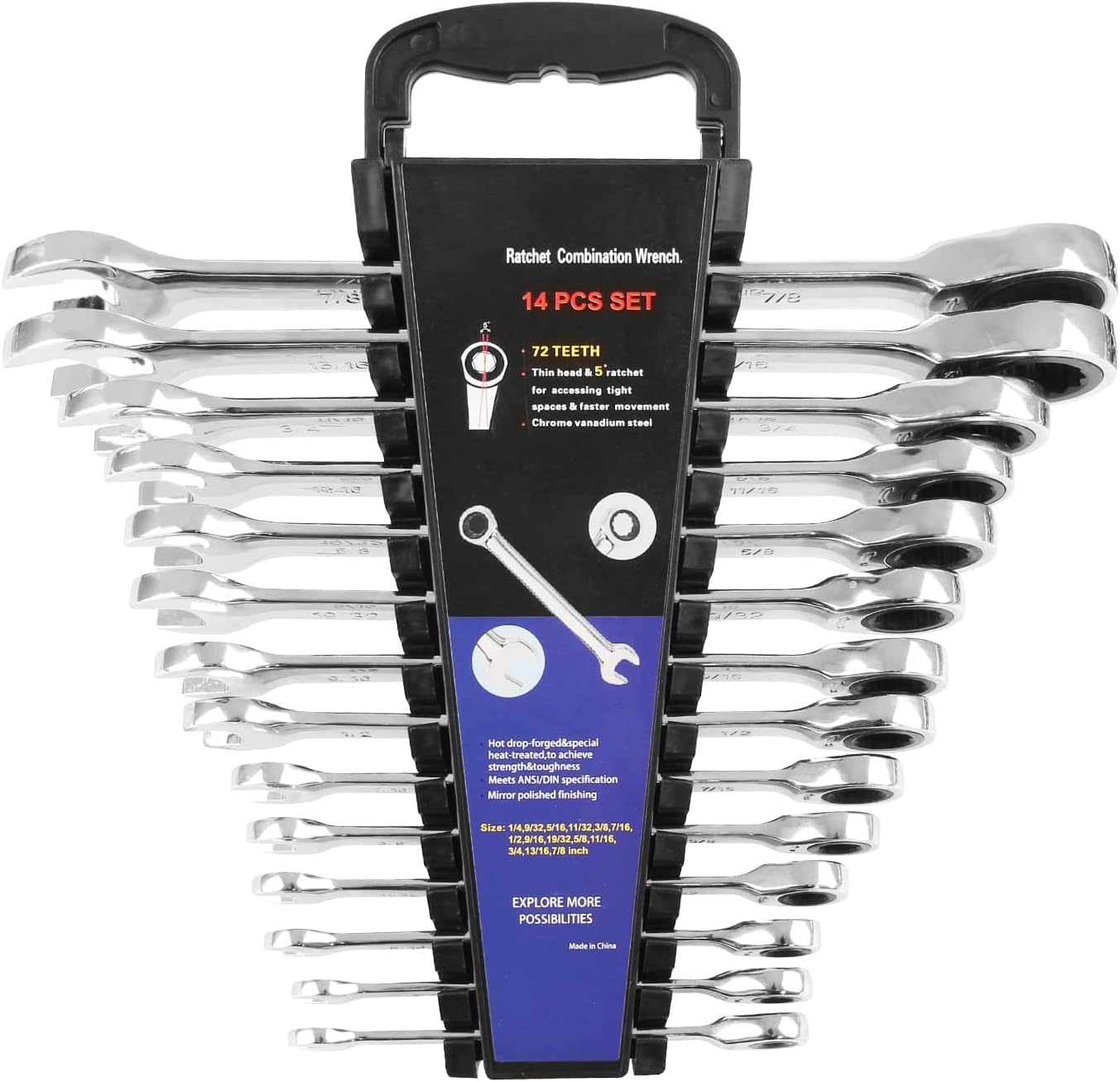 14-Piece Ratcheting Wrench Set , SAE 1/4”-7/8” , Chrome Vanadium Steel Combination Wrench set with Wrench Rack Pack of 2