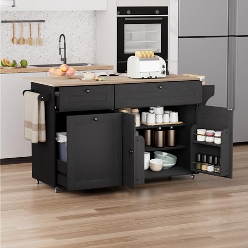 Kitchen Island on Wheels with Storage, Rolling Kitchen Islands with Drop Leaf&Power Outlet, Mobile Kitchen Island Cart with Trash Can Storage, Spice Rack, Towel Rack, Storages Cabinet ,Drawers