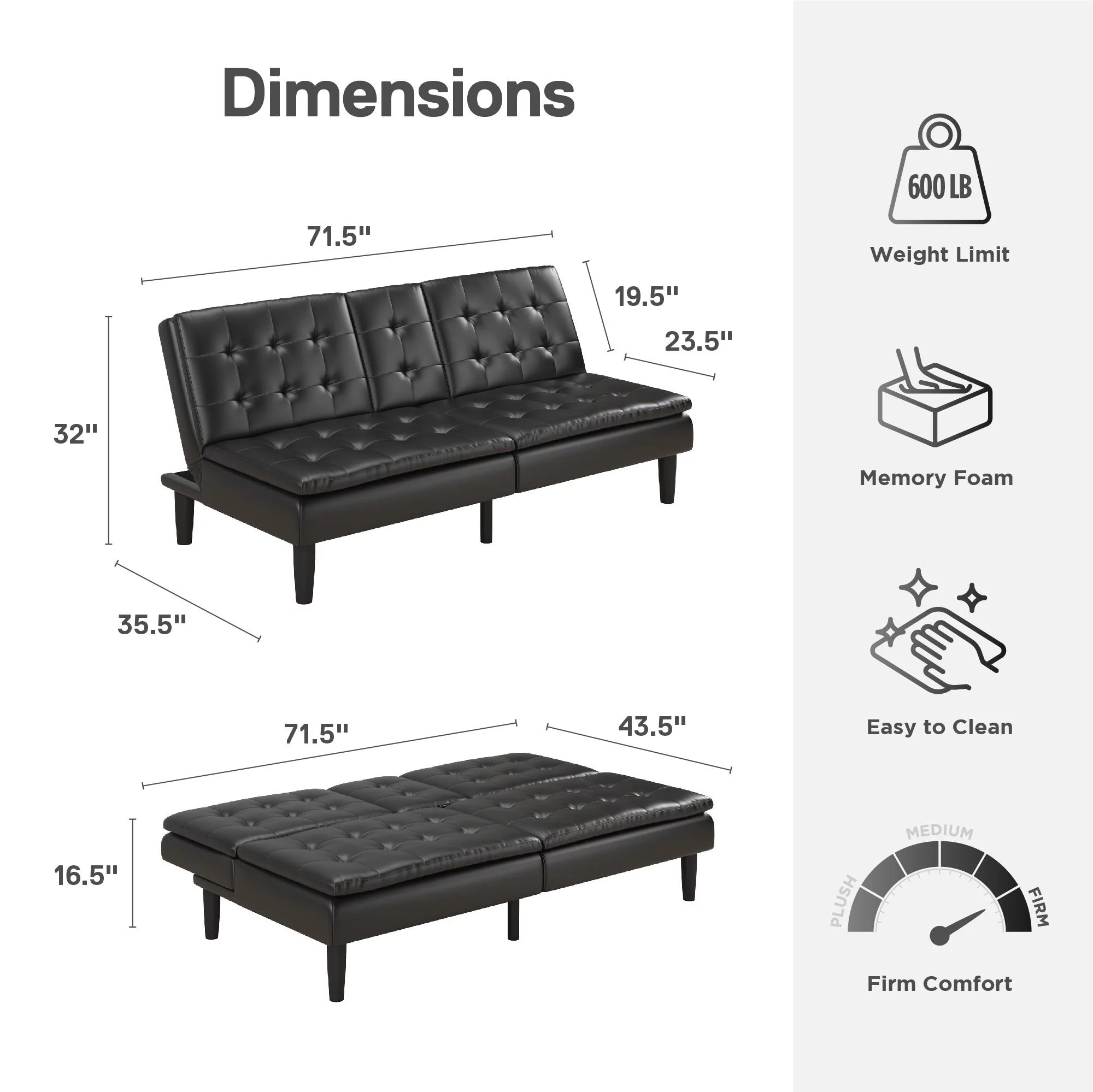 Mainstays Memory Foam Futon with Cupholder and USB, Black Faux Leather