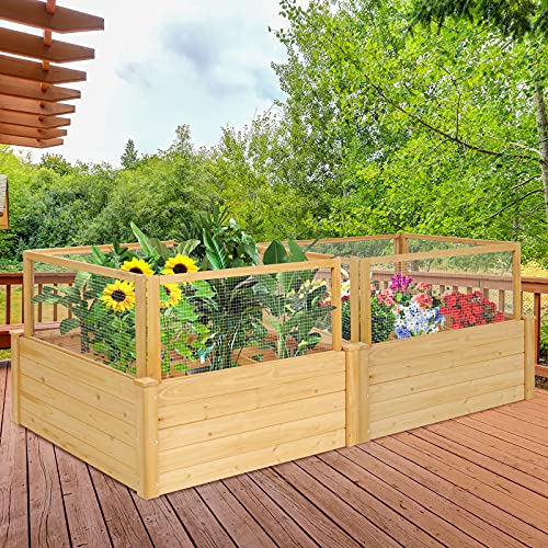 Giantex Raised Garden Bed with Fence, Wood Planter Raised Bed with Critter Guard Fence, 9 Grids Plant Container, Outdoor Plant Box for Garden Patio Backyard Balcony (42" Lx42 Wx32.5 H)