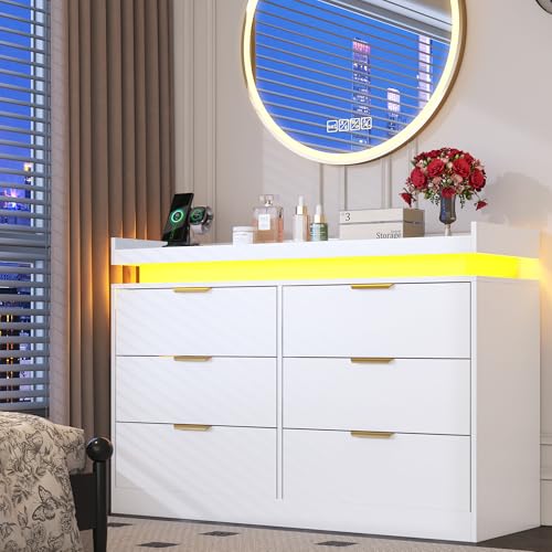 White Dresser with LED Lights, Wooden LED Dresser, 4 Drawer Chest with Charging Station, Tall Chest of Drawer Closet Organizer for Bedroom, Living Room, Entryway, Hallway