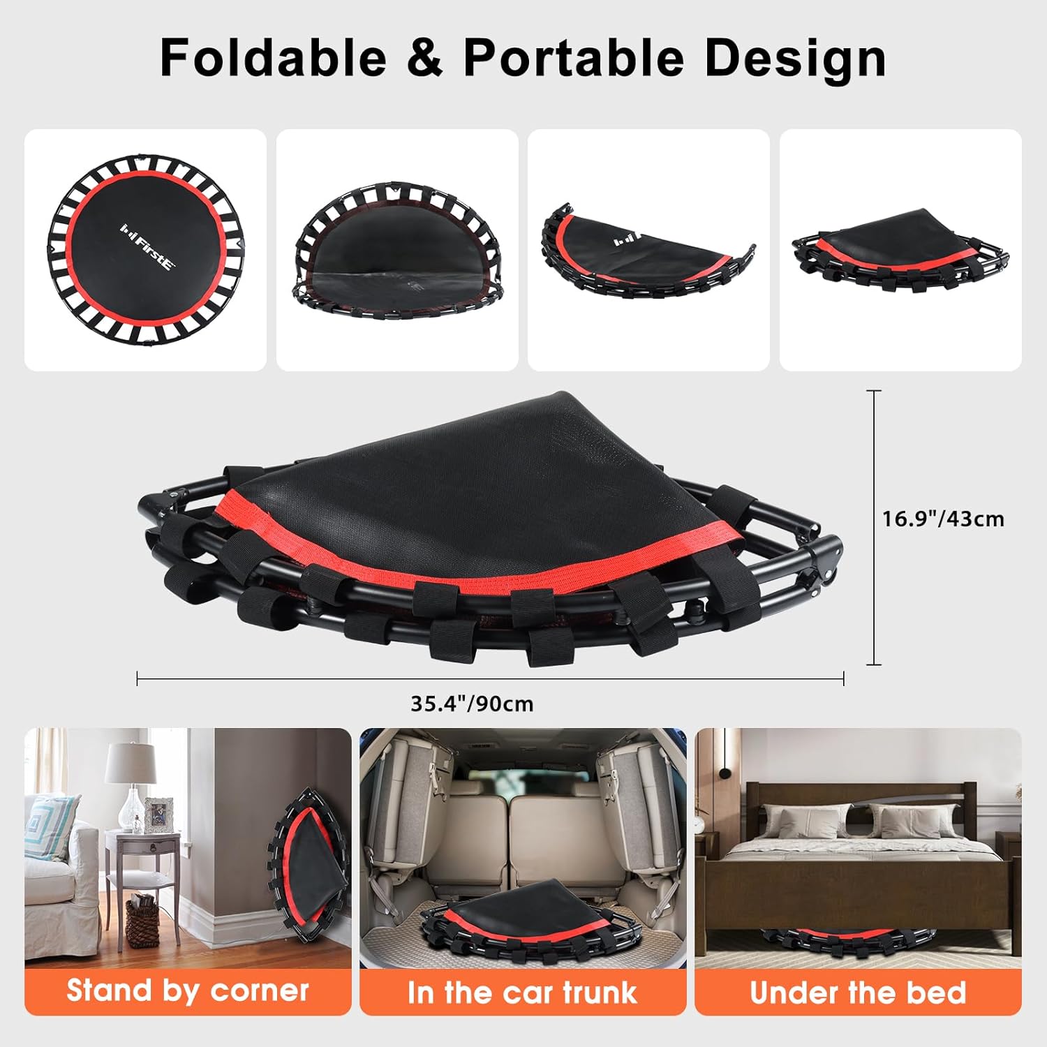 48" Bungees Rebounder Trampoline for Adults, 330LBS Fitness Trampoline Foldable Mini Trampoline,3 Level Adjustable Foam Handle, Stable & Silent Exercise Trampoline for Adults Indoor Workout