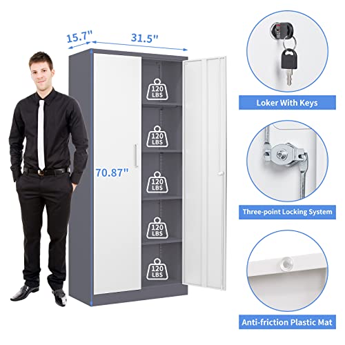 Yizosh Metal Garage Storage Cabinet with 2 Doors and 5 Adjustable Shelves - 71" Steel Lockable File Cabinet,Locking Tool Cabinets for Office,Home,Garage,Gym,School (Gray White)