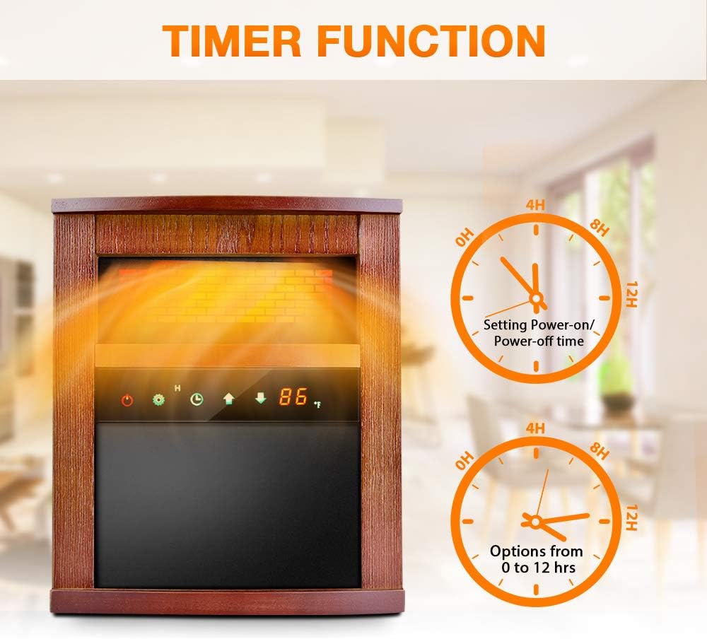 Air Choice Electric Space Heater, 1500W Infrared Heater w/ 3 Heating Mode, Thermostat, Remote Control & 12h Timer, Small Portable Room Heaters for Indoor Use, Bedroom, Office, Living Room, Dark Walnut