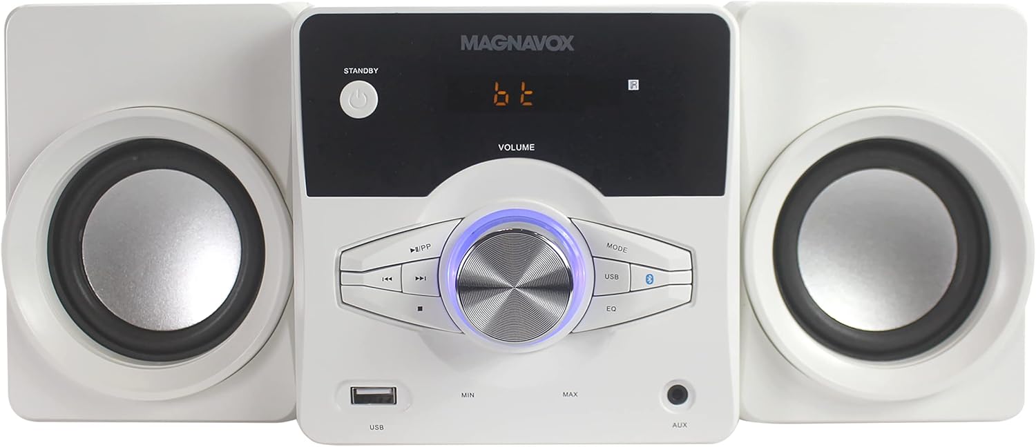 Magnavox MM442-WH 3-Piece Top Loading CD Shelf System with Digital PLL FM Stereo Radio, Bluetooth Wireless Technology, and Remote Control in White | Blue Lights | LED Display | AUX Port Compatible | Pack of 2