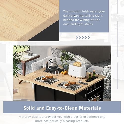 Kitchen Island with Storage, Island Table on Wheels with Drop Leaf, Power Outlet, Large Storage Cabinet, 2 Drawers, Wine Rack, Spice Rack, Portable Trolley Cart for Dining Room (White)