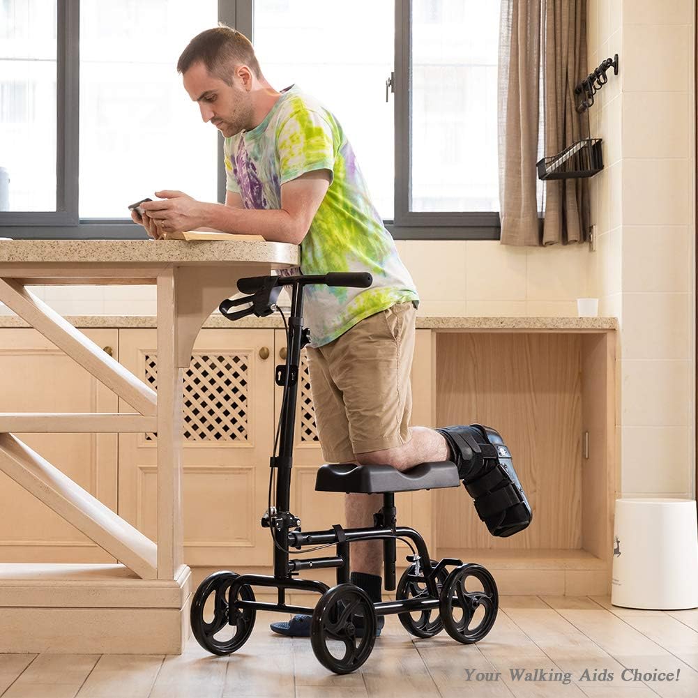 ELENKER Knee Scooter Economy Steerable Knee Walker Ultra Compact & Portable Crutch Alternative with Basket Braking System for Ankle/Foot/Leg Injury or Surgery Black