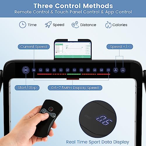 Goplus 2 in 1 Under Desk Treadmill, 2.25HP Superfit Folding Treadmill with Touch Panel Control, App Control, Remote Control, Bluetooth Speaker, Foldable Walking Treadmills for Home Office