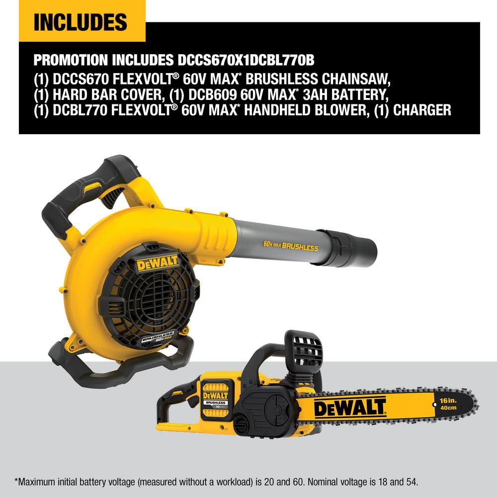 DeWalt 16 in. 60V Max Cordless FLEXVOLT Brushless Chainsaw with (1) 3.0Ah Battery u0026 Charger with Bonus Handheld Blower