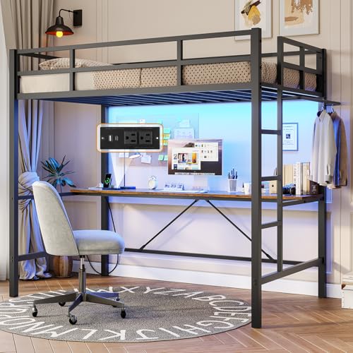 DICTAC Loft Bed with Desk and Led Lights Metal Loft Bed Twin Size with Power Outlet Twin Bed Frame with Top Bunk and Safety Guard & Ladder, Space-Saving,No Noise,No Box Spring Needed, White