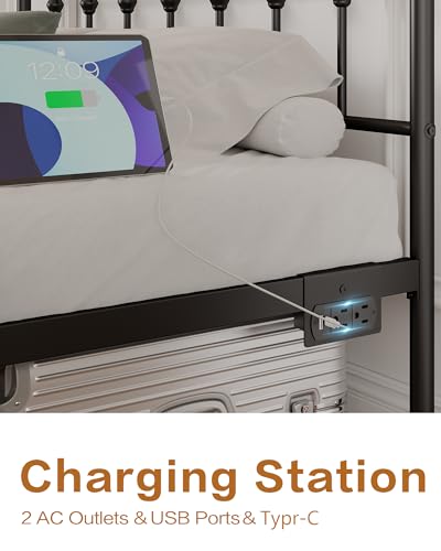 Full Bed Frame with Charging Station, Metal Platform Bed Frame-Mattress Foundation with LED/Headboard and Footboard/Under Bed Storage/No Box Spring Needed,Black