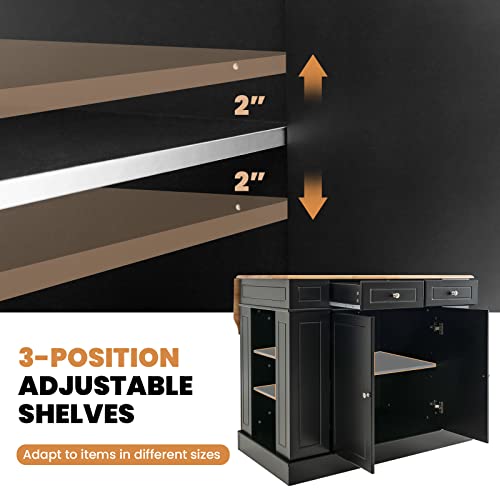LOKO Kitchen Island with Drop Leaf, Kitchen Storage Cabinet with Rubber Wood Top, 2 Drawers, 5 Adjustable Shelves & Spice Racks, Island Table for Kitchen Home Coffee Bar, 47 x 36 x 36 Inches