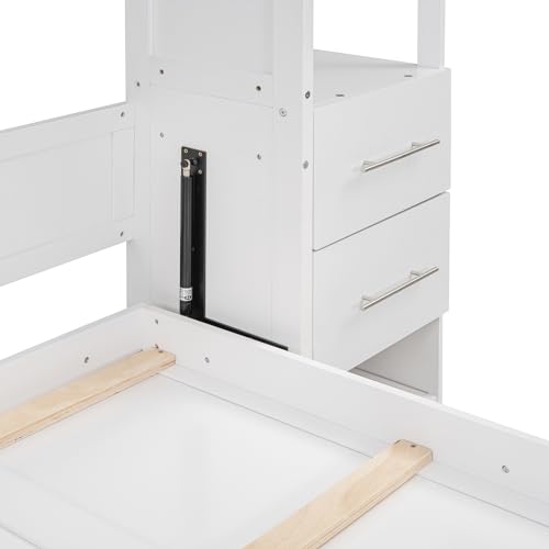 P PURLOVE Queen Size Murphy Bed,Solid Wood Murphy Cabinet Bed with Shelves and LED Lights,Wall Bed for Guest Room,Study,Office,White