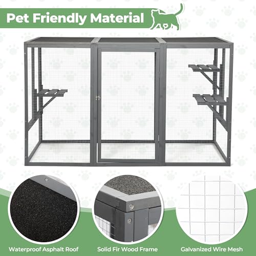 Outdoor Cat Enclosures, Weatherproof Catio for Cats, Large Cat Cage with 3 Platforms and Litter Box, Wooden Cat Crate for Outside, Cat House for Cat Patio, Grey