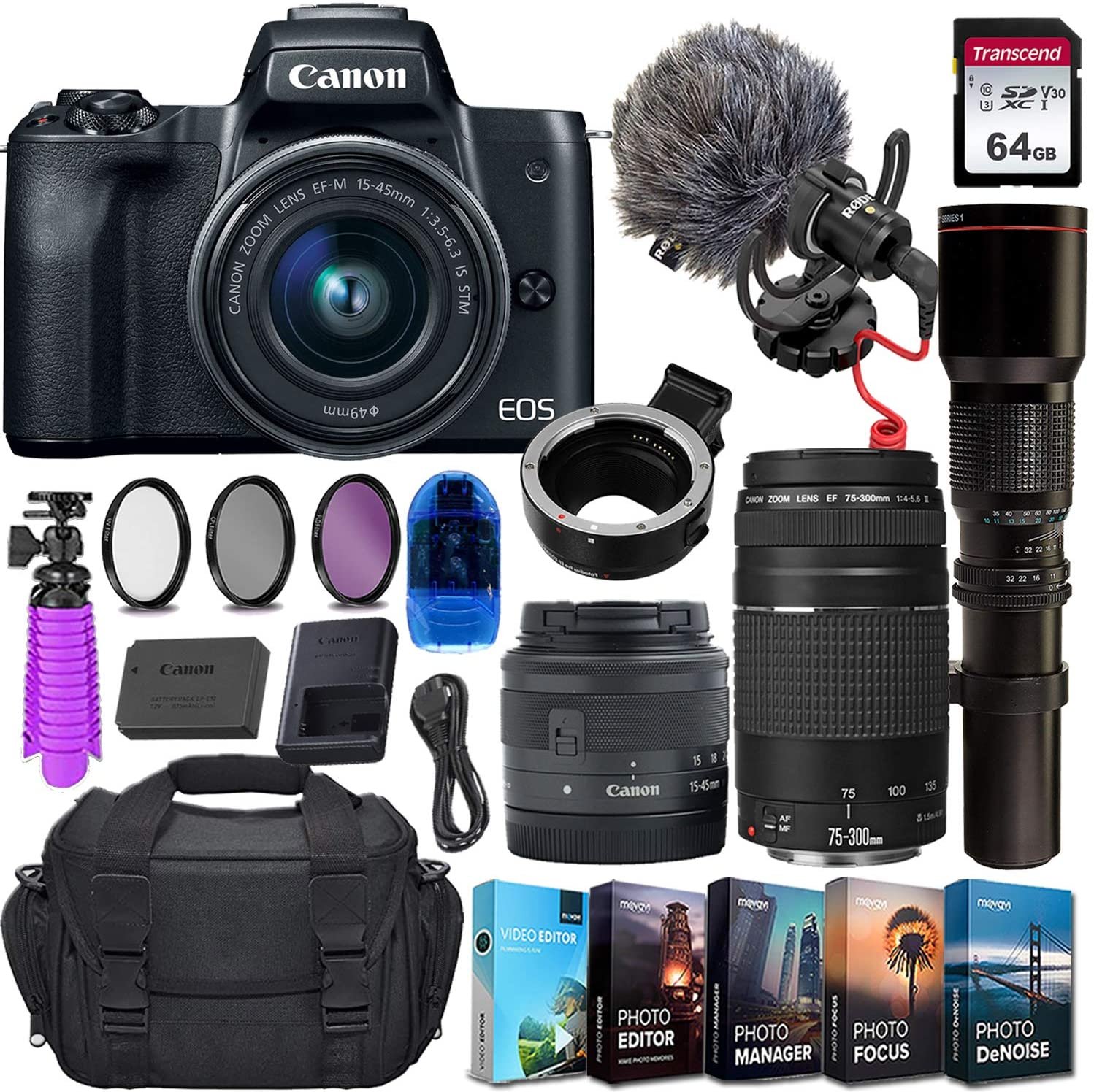 Canon EOS M50 Mirrorless Camera (Black) & 15-45mm STM Lens, Rode VideoMicro Microphone, 64GB Transcend Card, Essential Bundle - New