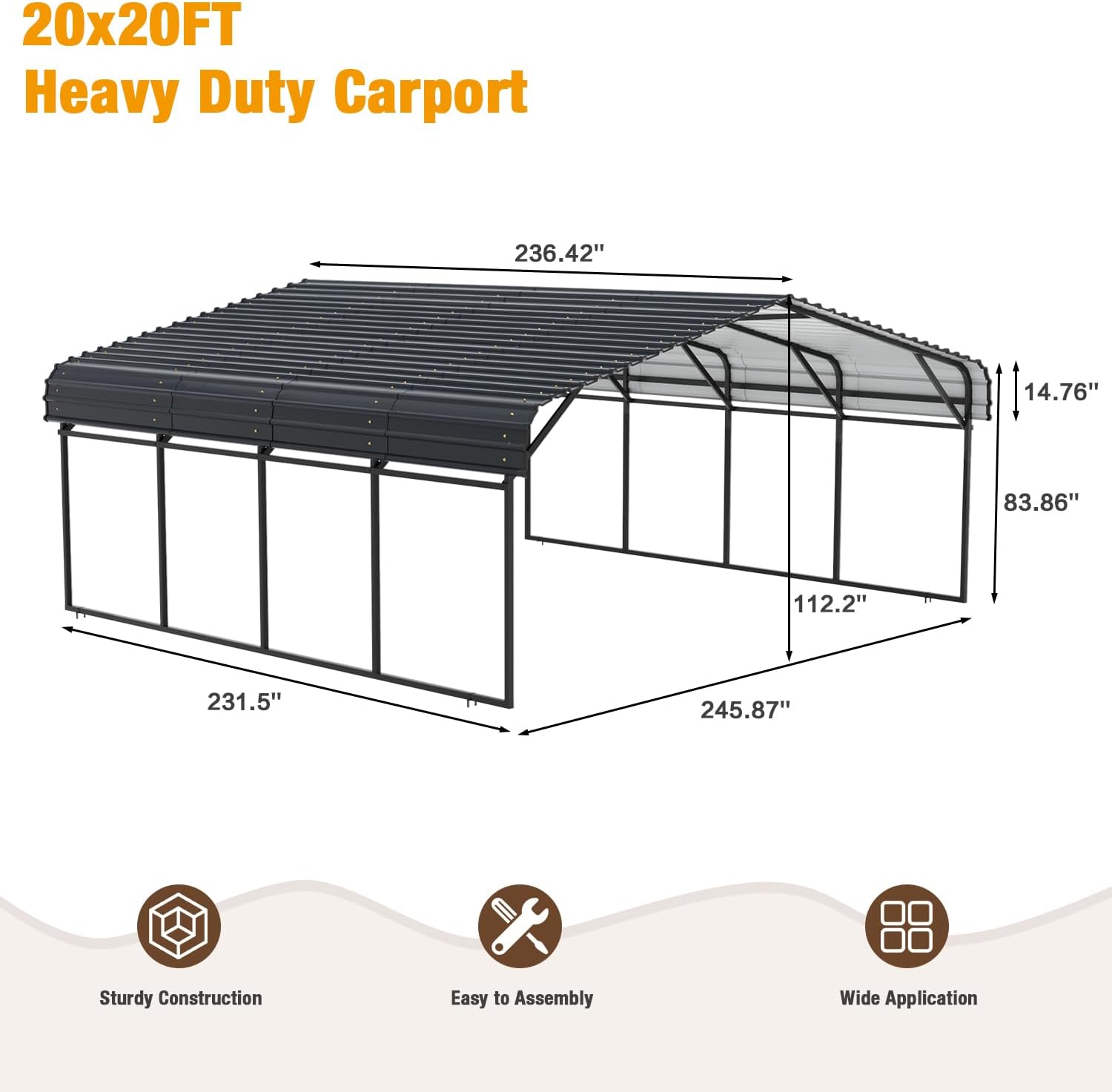 EBE 20' x 20' Metal Carport, Heavy Duty Outdoor Carport with Galvanized Steel Roof, Carport Garage Car Shelter Shade for SUV, Truck and Boats, Grey
