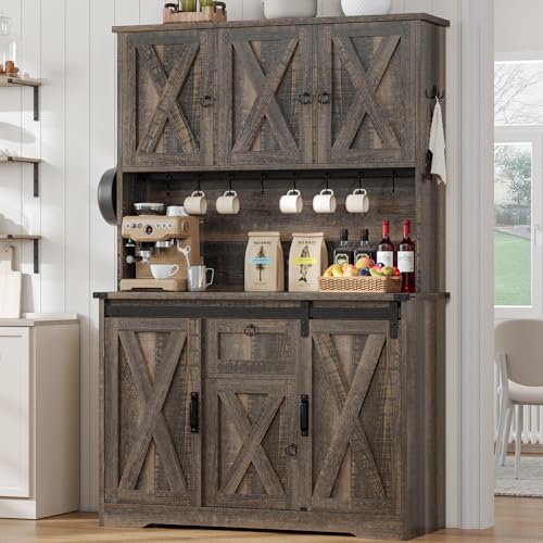 Kitchen Pantry Cabinet, Farmhouse Kitchen Cabinet with Drawer, Sliding Barn Doors Storage Cabinets with Adjustable Shelves for Dining Room, White