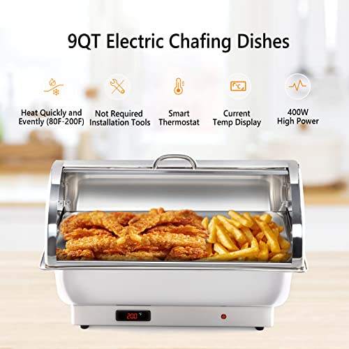 ROVSUN Electric 9 QT Stainless Steel Chafing Dish Buffet Set,Roll Top Chafer, Food Warmer with Full Size & 2 Detachable Food Pans for Party Wedding Catering Banquet Graduation