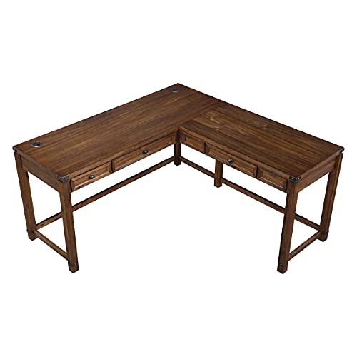 OSP Home Furnishings Baton Rouge Rustic L-Shape Office Desk with Power Port Drawer, Champagne Oak Finish