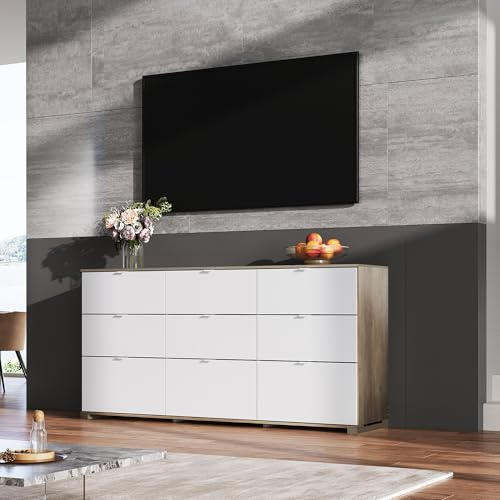 WLIVE 9 Drawer Dressers, Modern Large Wood Dresser Chest for Bedroom Organize with Sturdy Metal Handle, TV Stand for 75 inch TV, Living Room Office, Hallway, Ball Bearing Slide, Grey Oak (63" W)
