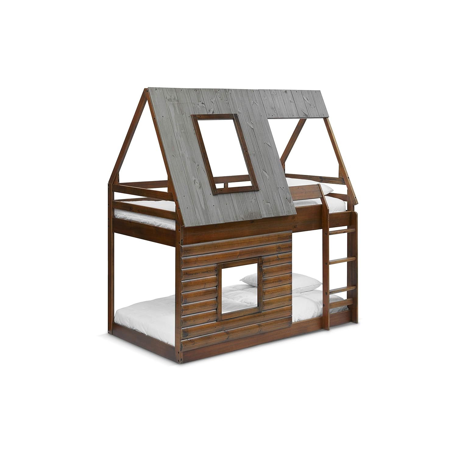 Ti Amo Blue Ridge Log Cabin Twin Bunk Beds House for Kids with Ladder, Brown/Grey