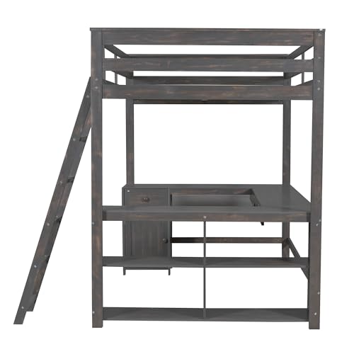 Harper & Bright Designs Full Size Loft Bed with Desk, Bookshelf, Solid Wood Loft Bed Frame with Storage Drawers and Bedside Tray, Charging Station (White)