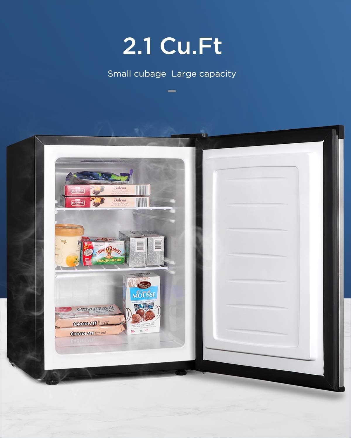 Upright Freezer - Compact Reversible Single Door Table Top Mini Freezer - Free Standing Freezing Machine with Removable Shelf for Office Dorm/Living Room/Apartment (Stainless-steel, 2.1 cu.ft)