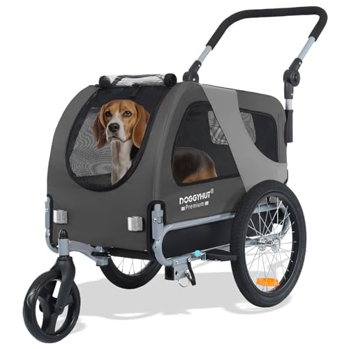 DOGGYHUT® Premium M Pet Bike Trailer & Stroller 2-in-1,for Dogs up to 50 lbs,Parking Brakes,Easy Folding Cart Frame, Universal Bicycle Coupler,E-Bike Friendly