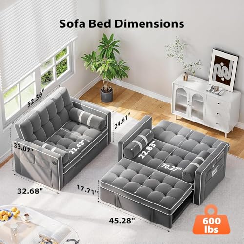 Pipishell 3 in 1 Convertible Sleeper Sofa Bed,Pull Out Couch for Living Room with USB Ports & Side Pockets,Adjustable Backrest,Velvet,Loveseat Sofa Bed,Futon Couches,Black