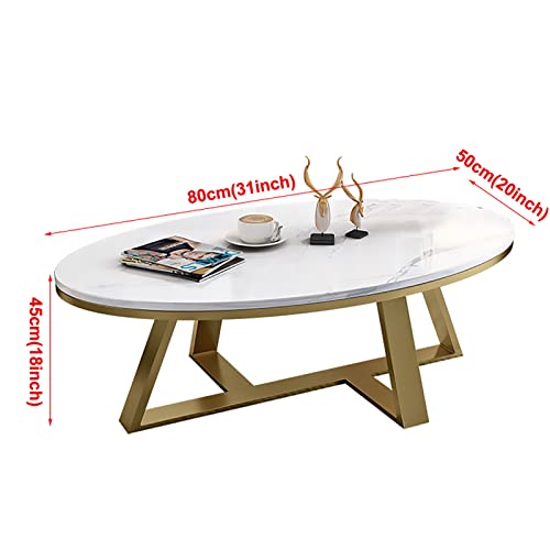 Marble Coffee Table - Oval Sintered Stone Top with Marble Texture | Stylish White Center Table for Living Room | Stable Metal Frame | Ideal for Small Spaces Home Office | 31in 35in