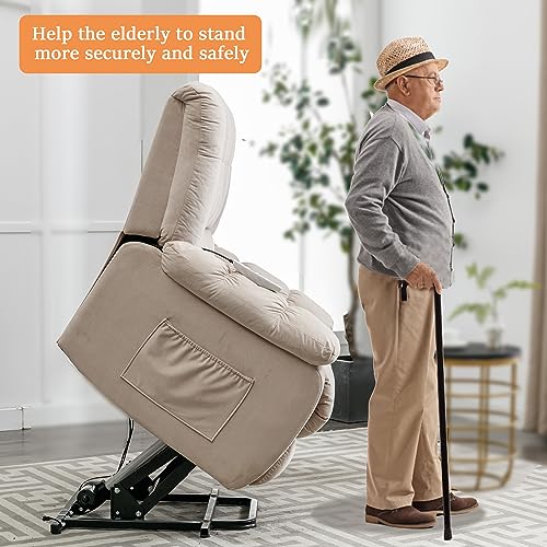 Velvet Recliner Chair, Electric Lift with Heat and Vibration for Living Room Massage, USB Port, Lazy Boy Chair Recliners Multi-Functional (Beige)