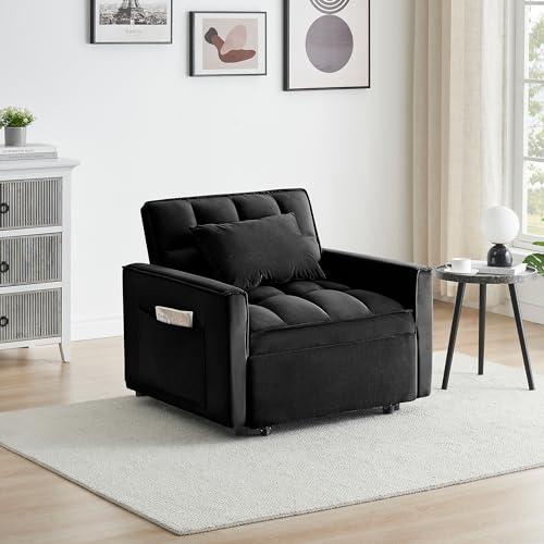 Convertible Chair Bed Sleeper 3 in 1 with Adjustable Back for Adults,Velvet Pull Out Folding Recliner Chair Bed,Single Sleeper Sofa with Pillow & Pocket for Living Room Apartment Small Spaces (White)