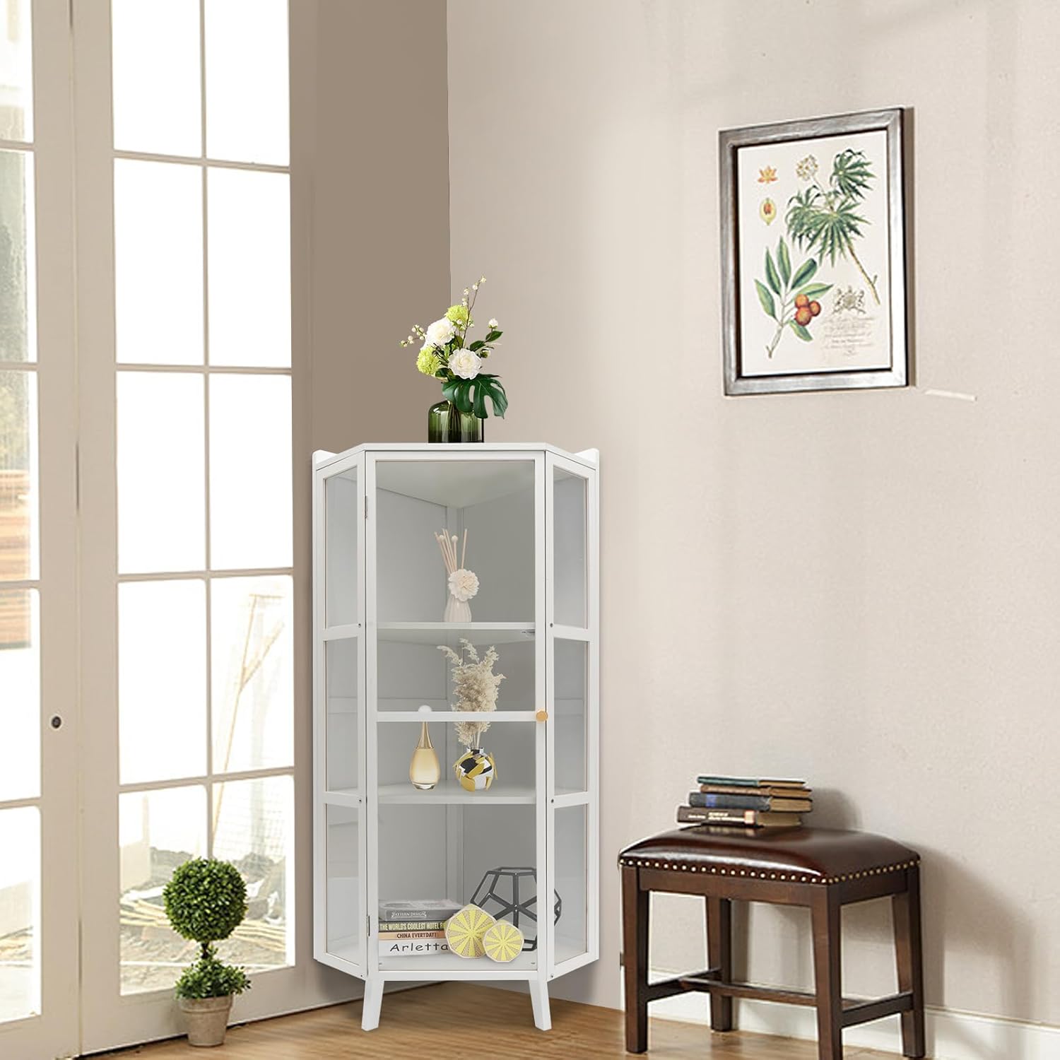 42.5" Corner Cabinet, 3-Tier Floor Storage Cabinet with Door for Kitchen Living Room Bedroom (White)