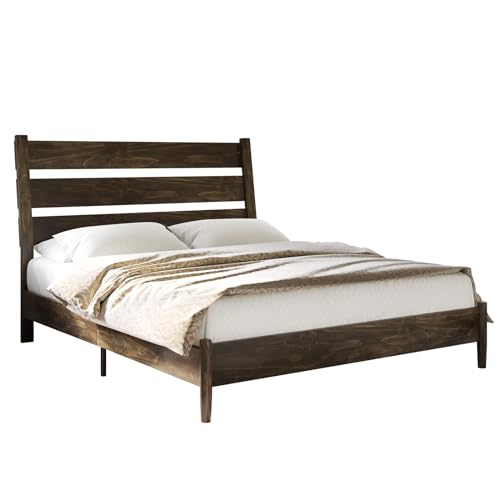 VanAcc Solid Wood King Bed Frame, Platform Bed with Reclining Slatted Headboard, Mid Century Bed Frame with Wood Slat Support, Dark Brown